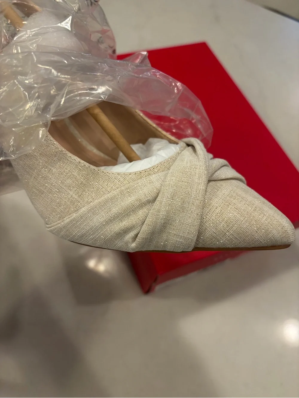 Kelly & Katie Shimmery Ivory Pointed-Toe Slingback Heels